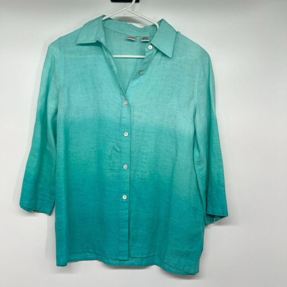 Real Clothes Linen Button Down Shirt Womens Sz 2 Blue Ombre 3/4 Sleeve Vented